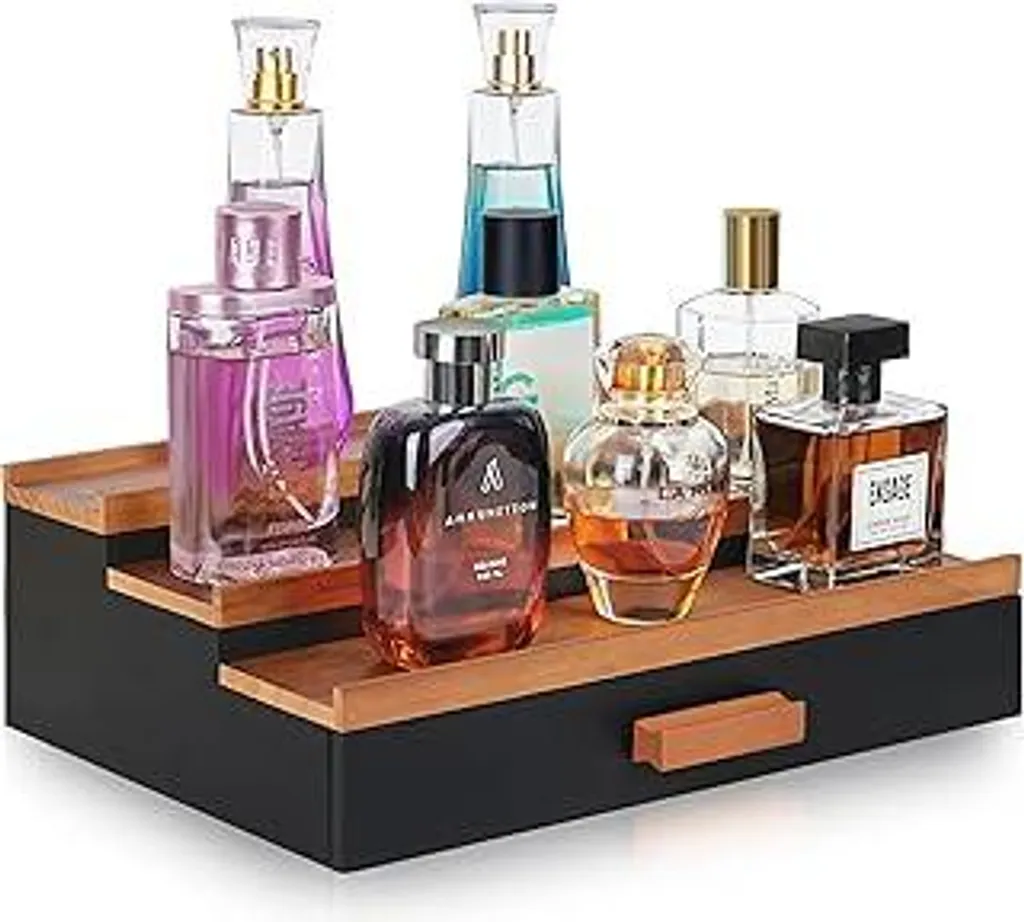 Espositore a gradini Winter Shore in legno - Organizer per profumi con cassetto estraibile - Organizer per profumi da uomo - Espositore per profumi da comò - Organizer per profumi a 3 livelli per il piano di lavoro