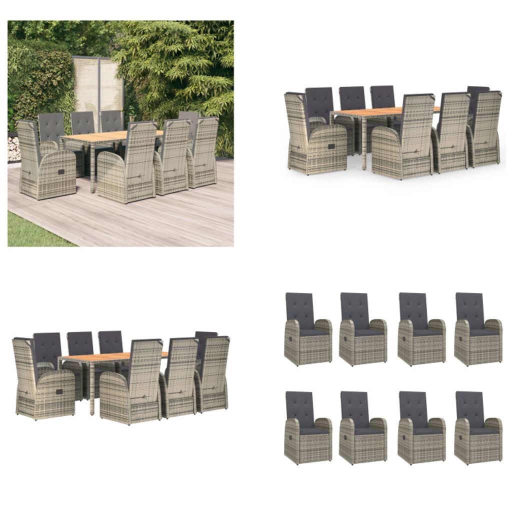 vidaXL 9 tlg. Garten Essgruppe mit Kissen Grau Poly Rattan - Garten Essgruppe - Garten Essgruppen - Essgruppe - Essgruppe Terrasse