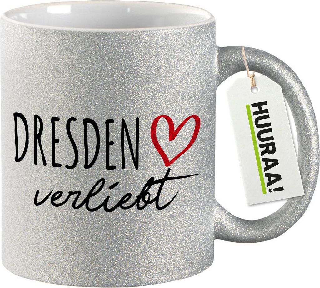 Huuraa Glitzertasse Dresden verliebt 330ml Silber Keramik Kaffeebecher Geschenkidee