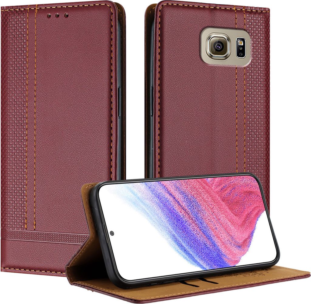 Handyhülle für Samsung Galaxy S6 Leder Flip Klappbare Schutzhülle mit Standfunktion Dunkelrot