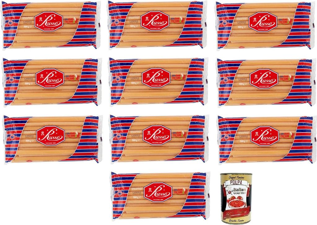 10x Russo Candele N°73 Hartweizengrieß Pasta,100% Italienischer Weizen,500g-Packung + Italian Gourmet Polpa di Pomodoro 400g Dose