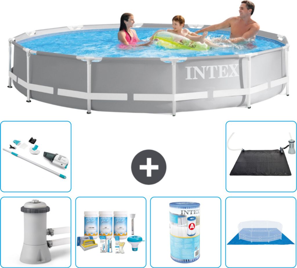 Intex Round Prism Frame Swimming Pool – 366 x 76 cm – Grau – inklusive Pumpe Wartungspaket - Filter - Bodenplane - Staubsauger - Solarmatte