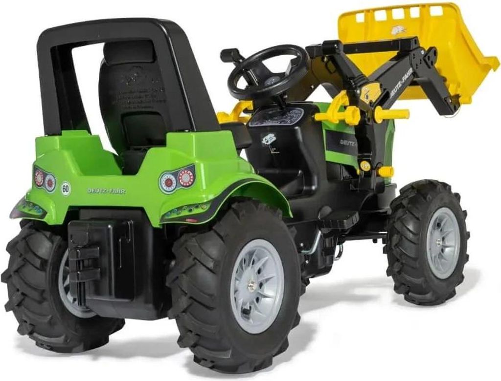 A green toy tractor with a yellow loader attachment, shown from a three-quarter rear view against a white background.
