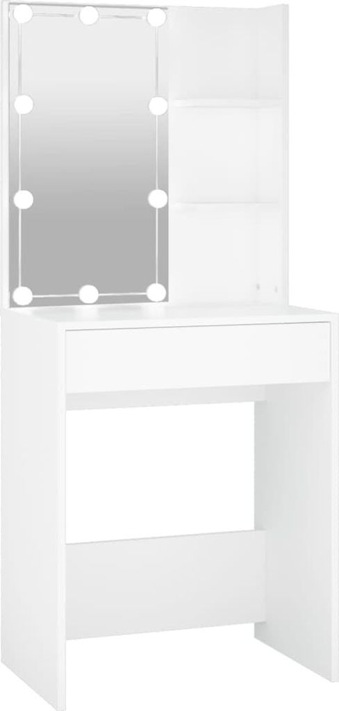 A white vanity table with a lighted mirror and shelves.