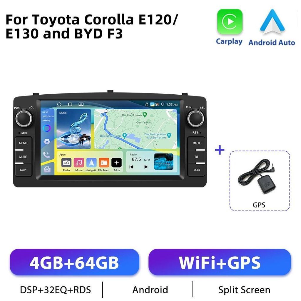 Toyota Corolla E120/E130 - 1-DIN Android 11 Autoradio - 17,8 cm Touchscreen - 4GB+64GB - 1024×600 - 2x USB - Lenkradsteuerung