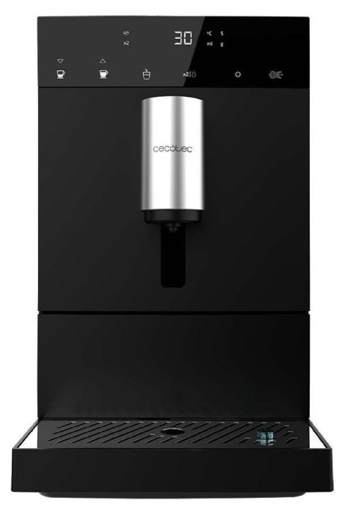 A front view of a black superautomatic coffee machine with a silver coffee dispenser.