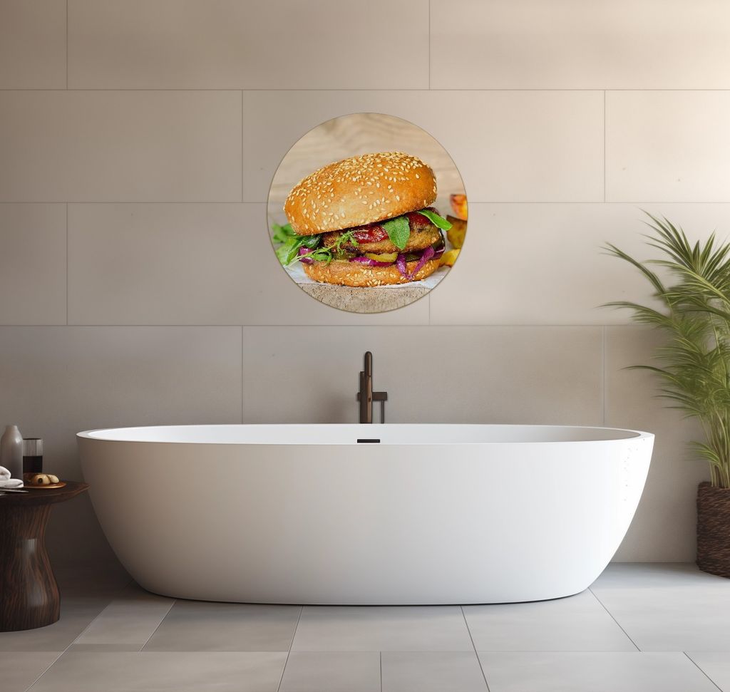 Wallario wasserfestes Poster selbstklebend 60 x 60 cm, Burger mit frischem Salat und Pommes, Badezimmerposter Spritzschutz mit Hochglanzoberfläche...