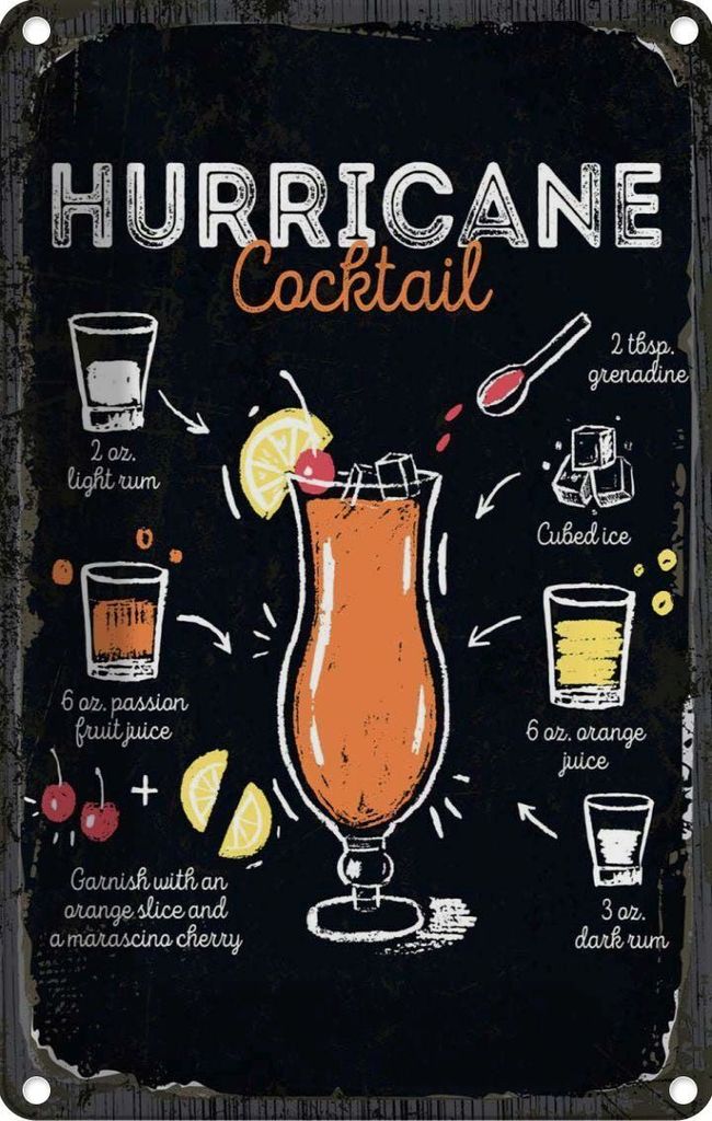 vianmo Blechschild 30x20 cm Hurricane Cocktail Recipe