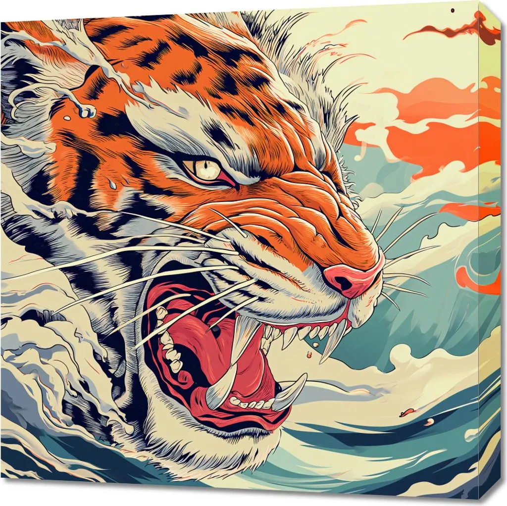 Quadro 60x60cm Tigre sull'onda: Stampa su Tela Canvas Alta Qualità