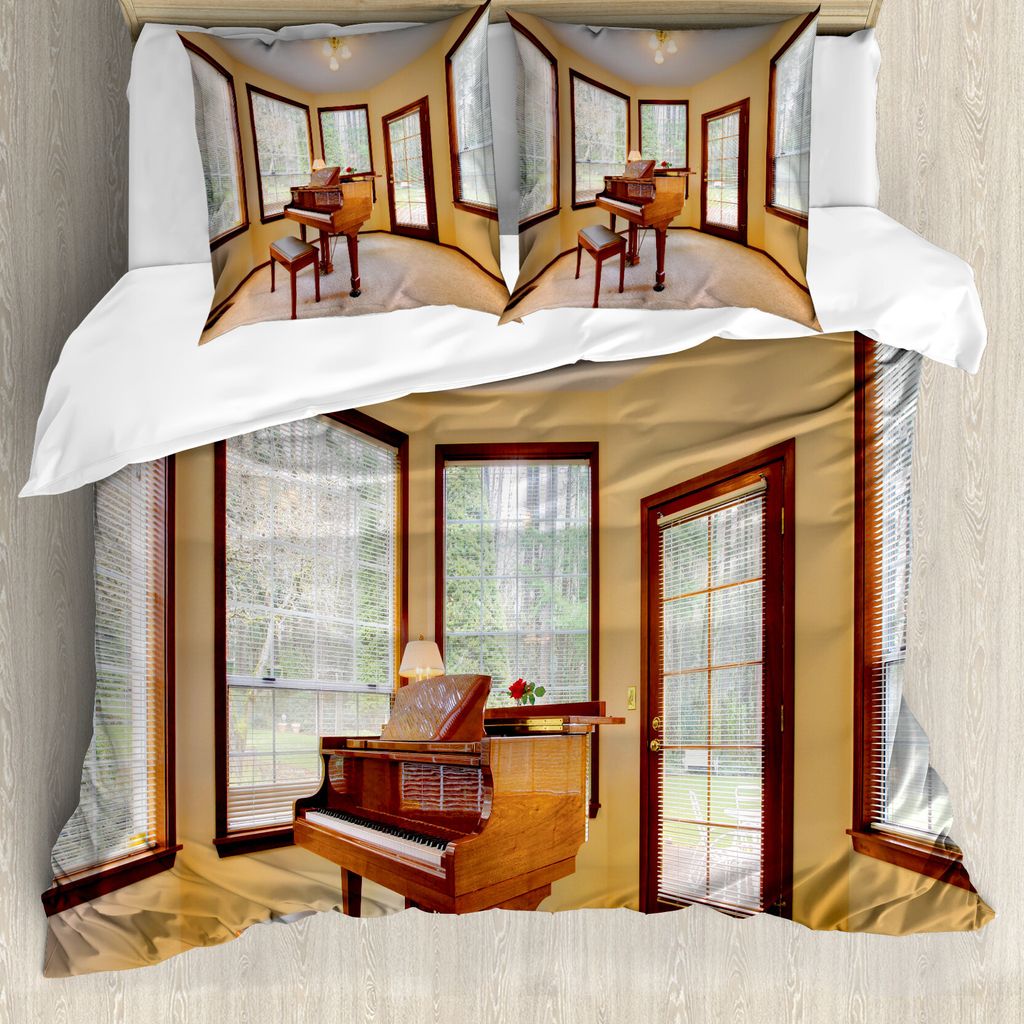 ABAKUHAUS Antiquität Bettbezug, Rund Zimmer mit Klavier, Milbensicher Allergiker geeignet mit Kissenbezügen, 200 cm x 200 cm - 80 x 80 cm, Brown ...