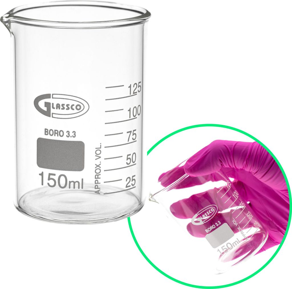 Borosilikatglasbecher 3.3 niedrig 150 ml mit Ausguss und aufgemalter Skala