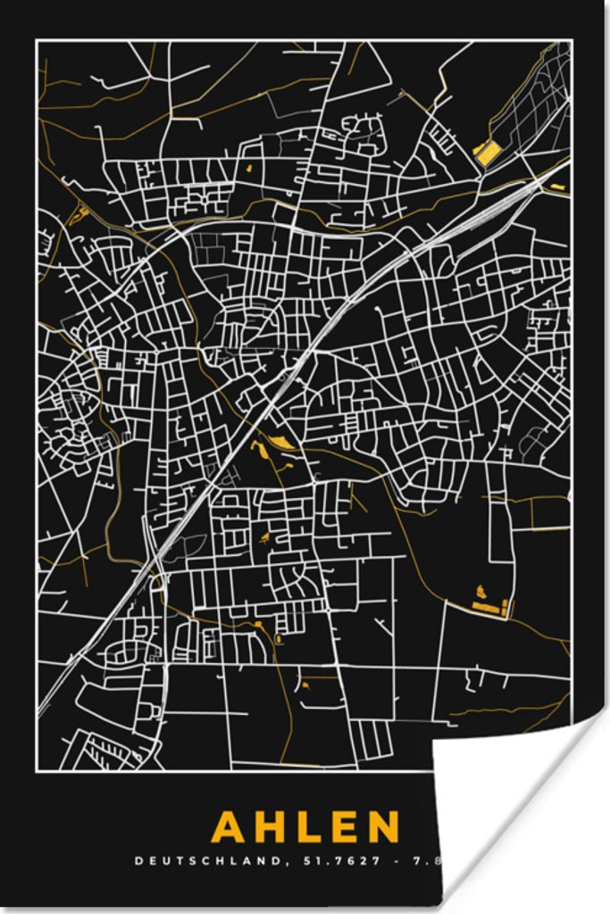 MuchoWow Poster Deutschland - Schwarz und Gold - Ahlen - Stadtplan - Karte 20x30 cm - Papierdruck