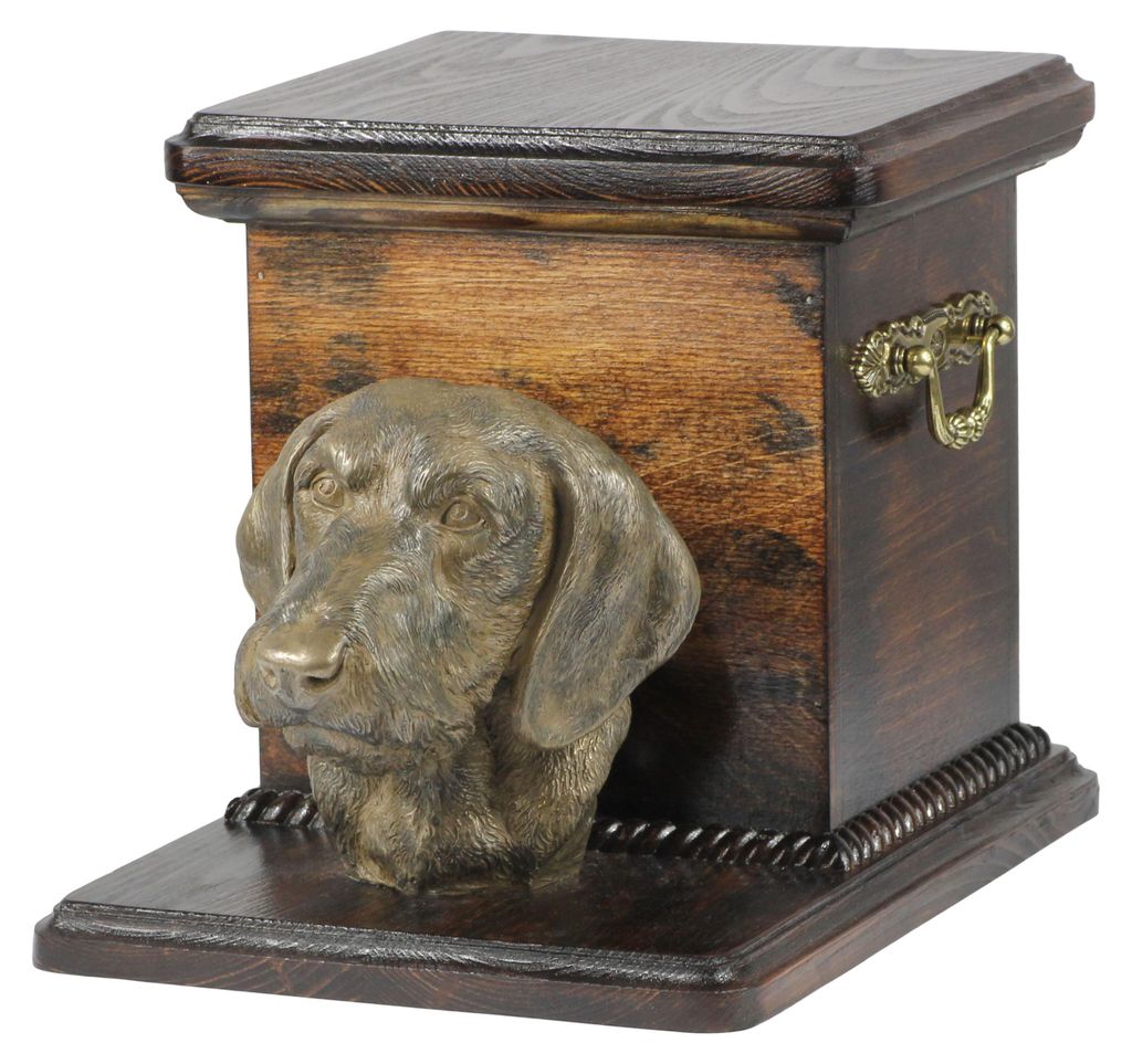 Dachshund Rauhhaar, Dackel, Teckel - Eine Urne für die Asche eines Hundes mit einer Statuette, eine elegante Urne für einen Hund, eine außergew...