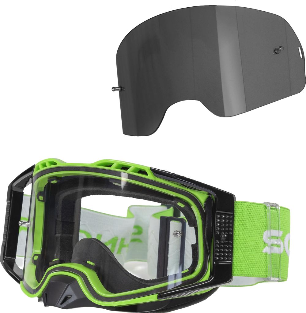 Schnorr MX Pro Grün - Motocross Brille | Transparentes Glas (S0), Anti-Fog, Tear-Off/Roll-Off mit getönten Wechselglass