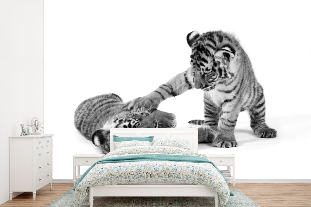 MuchoWow Fototapete für Wohnzimmer oder Schlafzimmer Wandtapete Vinyl Motivtapete Tiger - Spiele - Schwarz - Weiß - 420x280 cm - Zimmer für Ki...