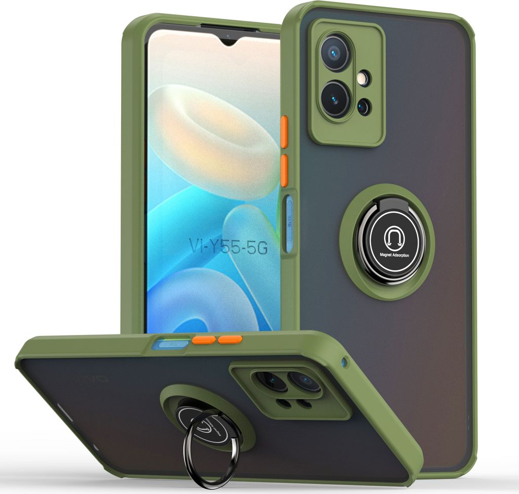 VIVO Y55 5G Hülle, Ring Halter Ständer Matte Transluzent TPU Rahmen Stoßfest Schutzhülle für VIVO Y55 5G Grün