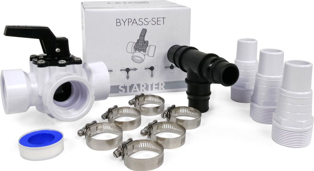 A set of plumbing components for a bypass system, including a valve, connectors, and clamps, laid out on a white background.