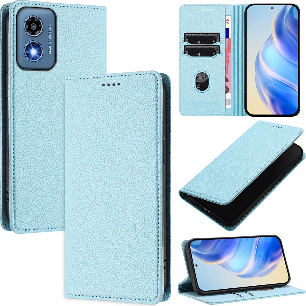 Litchi Leder Handyhülle für Motorola Moto G 2024/Moto G Play 5G 2024 Wallet Kartenfächer Standfunktion Hülle Hellblau