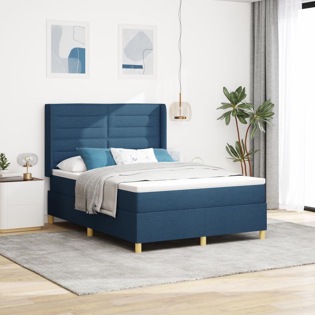 Boxspringbett mit Matratze Blau 140x200 cm Stoff, Design Möbel Klassische Betten Neu