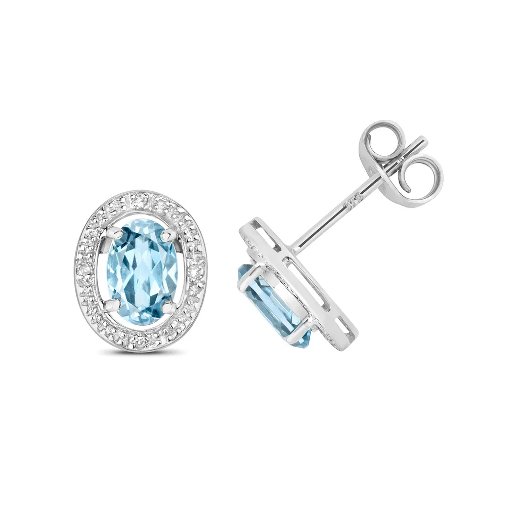 Boucles d'Oreilles Or Blanc 375 Diamant et Aquamarine TRS28454 9x8mm