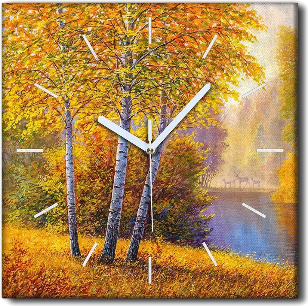Coloray Uhr auf Leinwand 30x30 cm Wand Uhr Dekoration Wohnzimmer Segeltuch weiße Zeiger -Herbstlandschaft.
