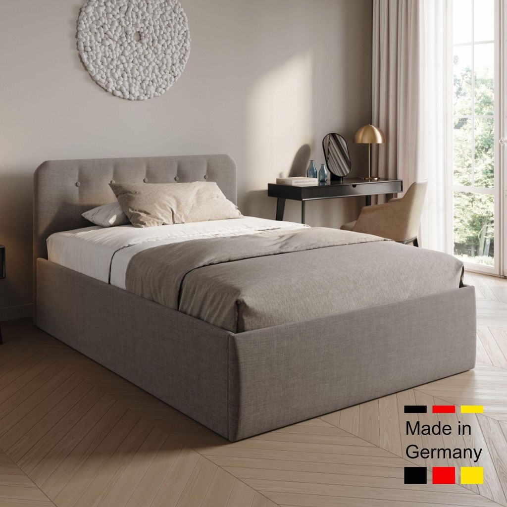 Home Collective Polsterbett 140x200 cm Doppelbett Bett mit verstellbarem Lattenrost & Bettkasten, Matratze Federkern H2, gepolstertes Kopfteil, Her...