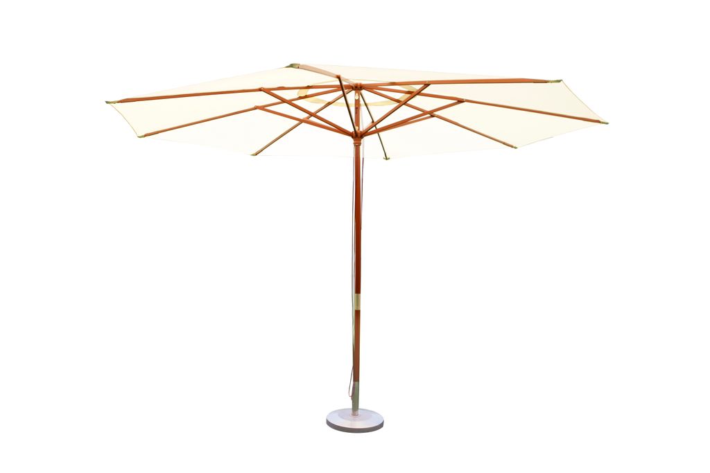 A beige patio umbrella with a wooden frame and base, shown against a white background.