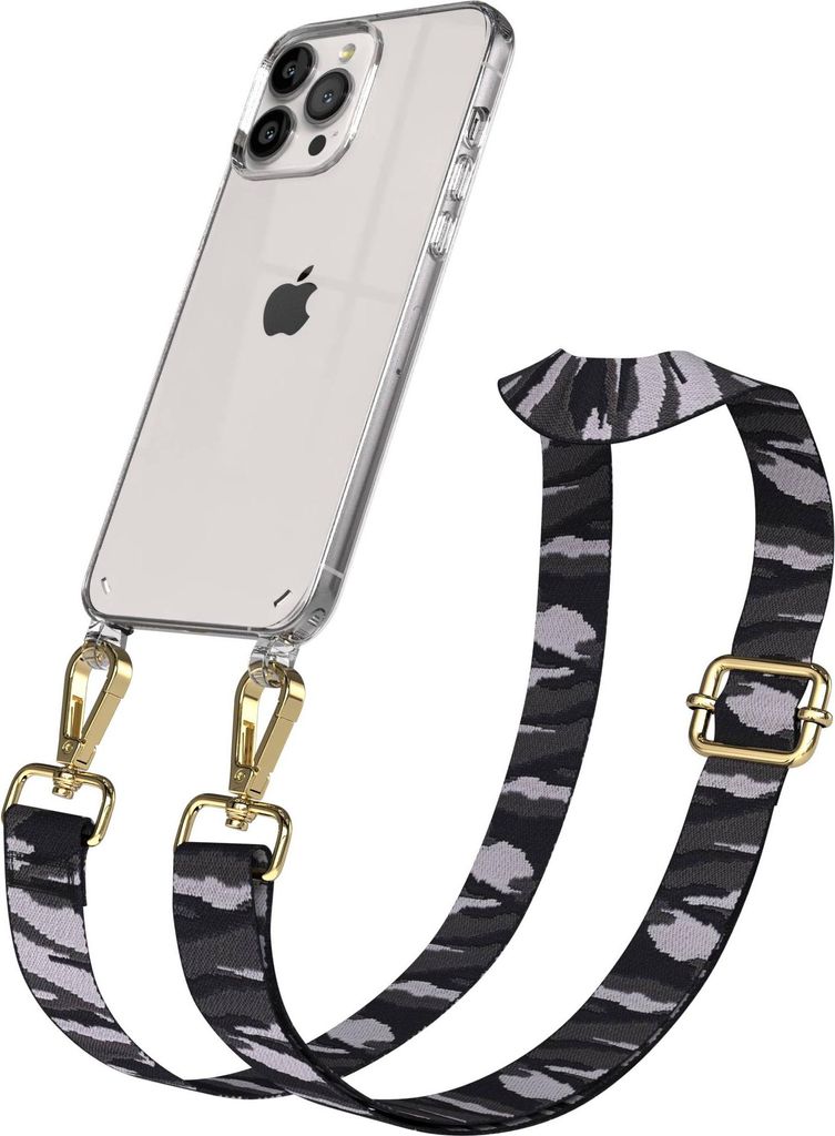 EAZY CASE Handykette - Verstellbarer Trageriemen kompatibel mit Apple iPhone 13 Pro Max, Handykordel mit transparenter Silikon-Hülle, Karabiner Go...