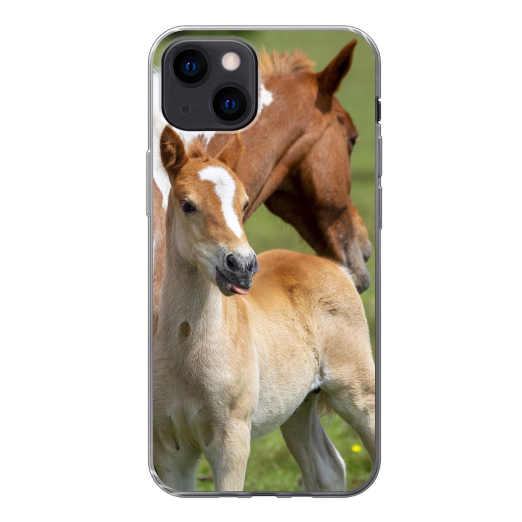 MuchoWow Handyhülle Schutzhülle Hülle für iPhone 13 mini Pferde - Fohlen - Gras Silikon Softcase Handy Hülle - Softcase