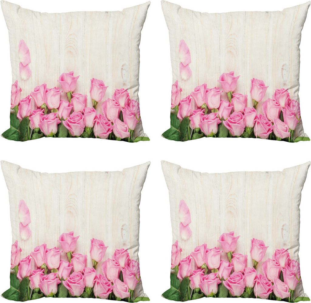 ABAKUHAUS rustikales Holz Kissenbezug Set (4 Stück), Blooming Rose Bouquet, Moderner Doppelseitiger Digitaldruck, 45 cm x 45 cm, Rosa Beige Grün