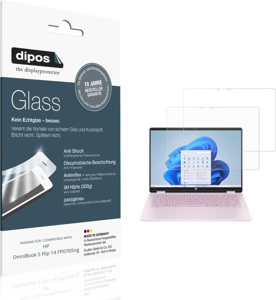 2x Schutzfolie für HP OmniBook 5 Flip 14 FP0765ng matt - Anti-Shock 9H Folie dipos Glass Kunststoffglas