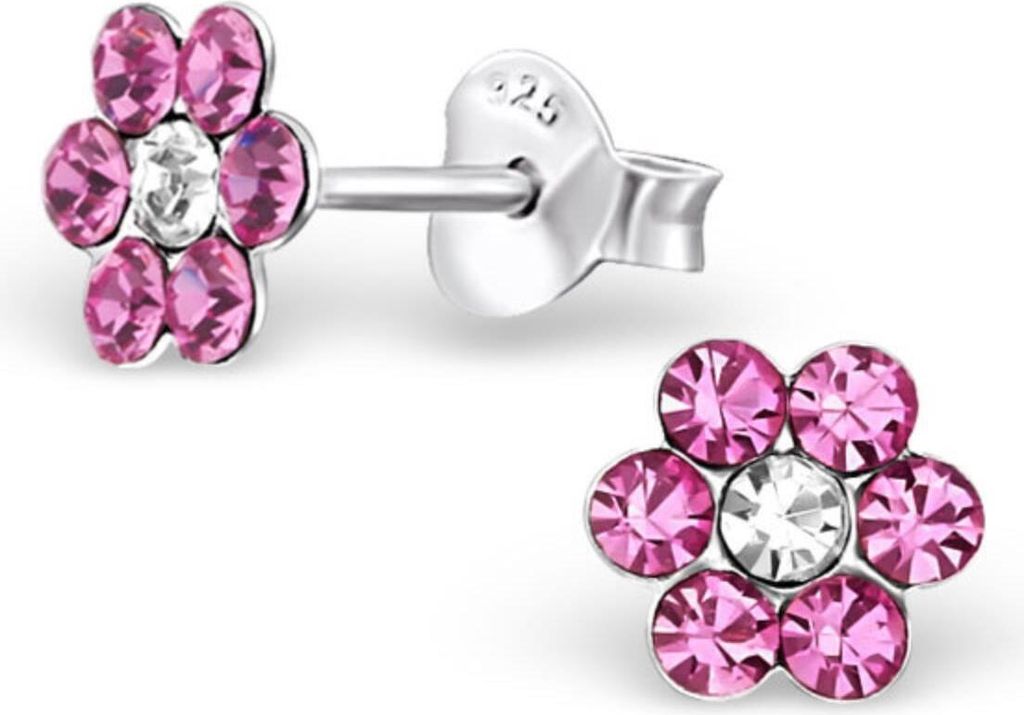 Kinderohrstecker Glitzer: Mädchen Ohrringe Silber „Kristall Blume" pink & kristallklar