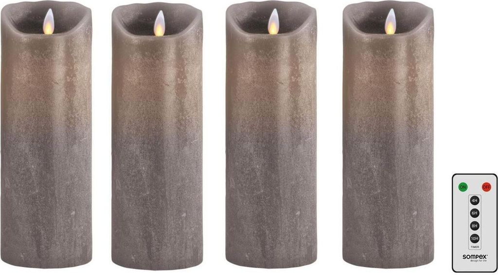 4er Set Sompex Flame LED Echtwachskerzen 23cm taupe + Fernbedienung