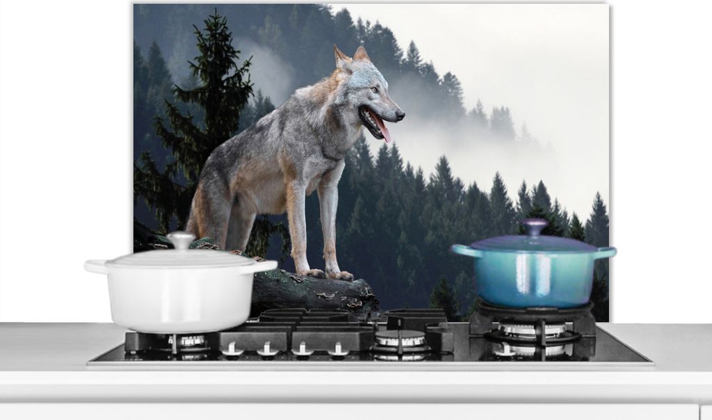 KitchenYeah Spritzschutz Küche - Küchenrückwand - Wandschutz für Herd und Spüle - Wolf - Tier - Wald 90x60 - Alu-Dibond (Alternative zum Sp...