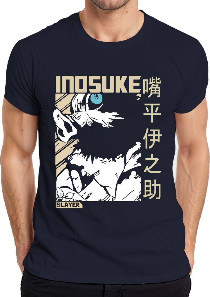 Inosuke Demon Slayer Wildschweinmaske Anime Fan Geschenk Japan Y2K Streetwear Herren T-Shirt, Navy, S