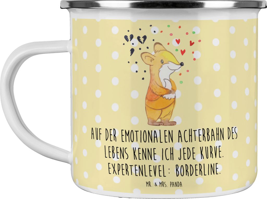 Mr. & Mrs. Panda Emaille Tasse Fuchs Borderline - Gelb Pastell - Geschenk, Campingtasse, Teetasse, outdoortasse, Borderline-Persönlichkeitsstörun...