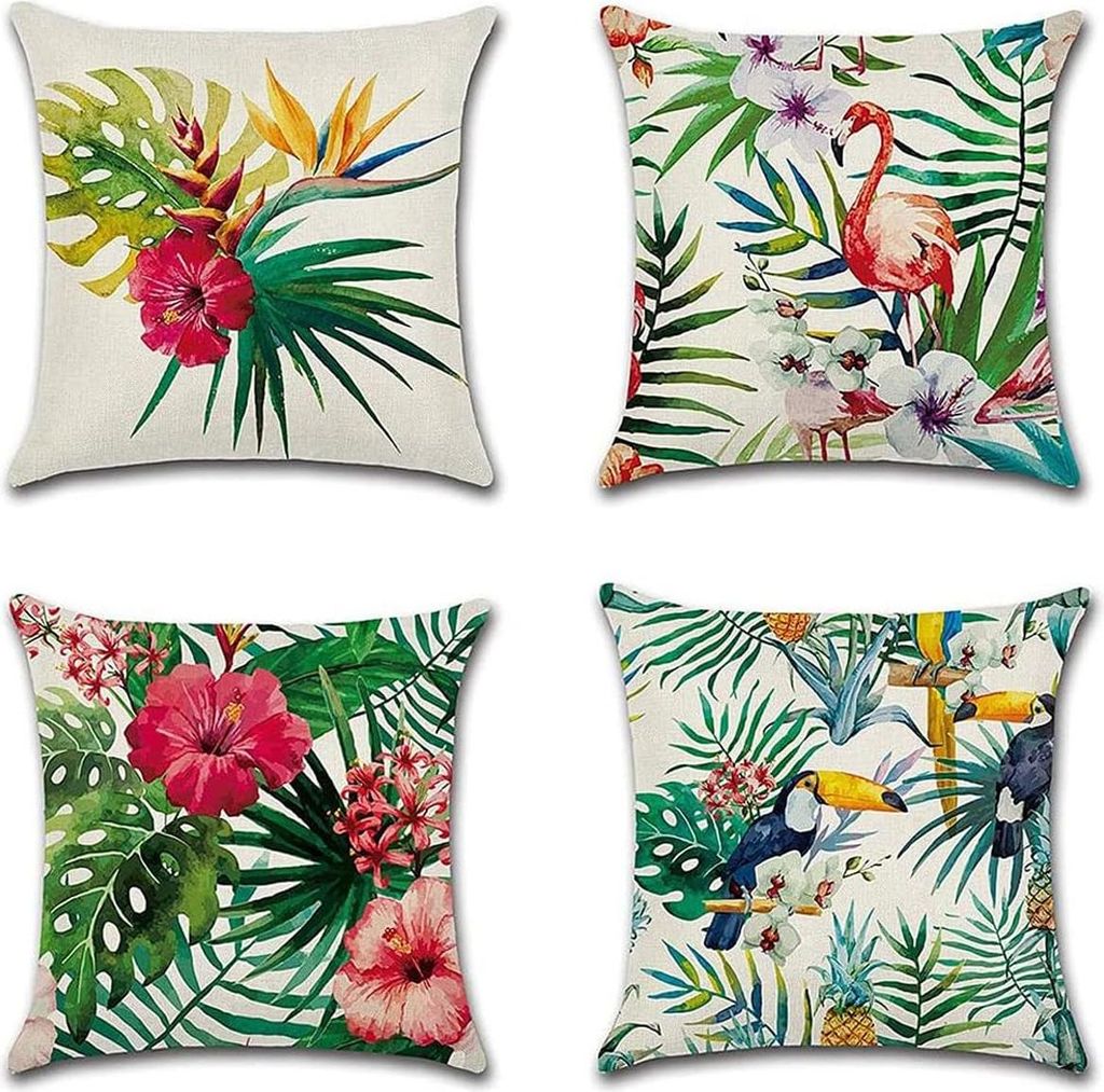 Outdoor-Kissenbezüge, 4er-Set wasserdichte Kissenbezüge mit tropischem Pflanzen-, Blumen- und Vogelmuster für Sofa, Terrasse, Garten, Wohnzimmer...