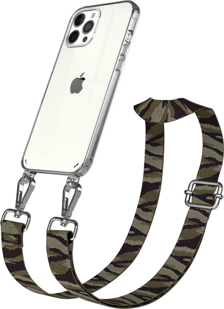 EAZY CASE Handykette - Verstellbarer Trageriemen kompatibel mit Apple iPhone 12 Pro Max, Handykordel mit transparenter Silikon-Hülle, Karabiner Si...