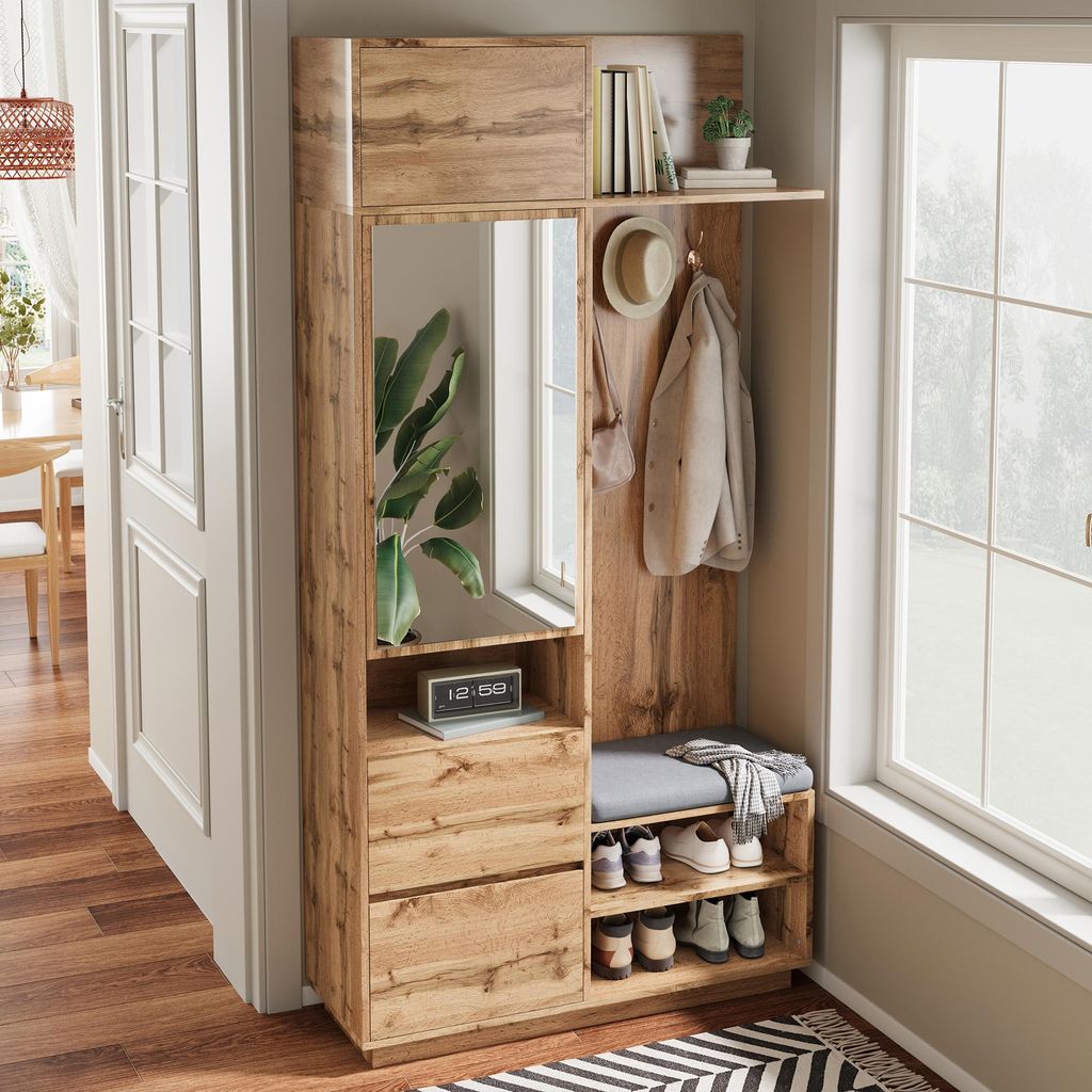okwish Meuble d’entrée avec penderie et banc à chaussures, Image du produit 