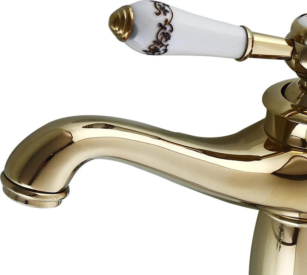 Robinetterie de lavabo laiton et céramique, finition dorée éclatante