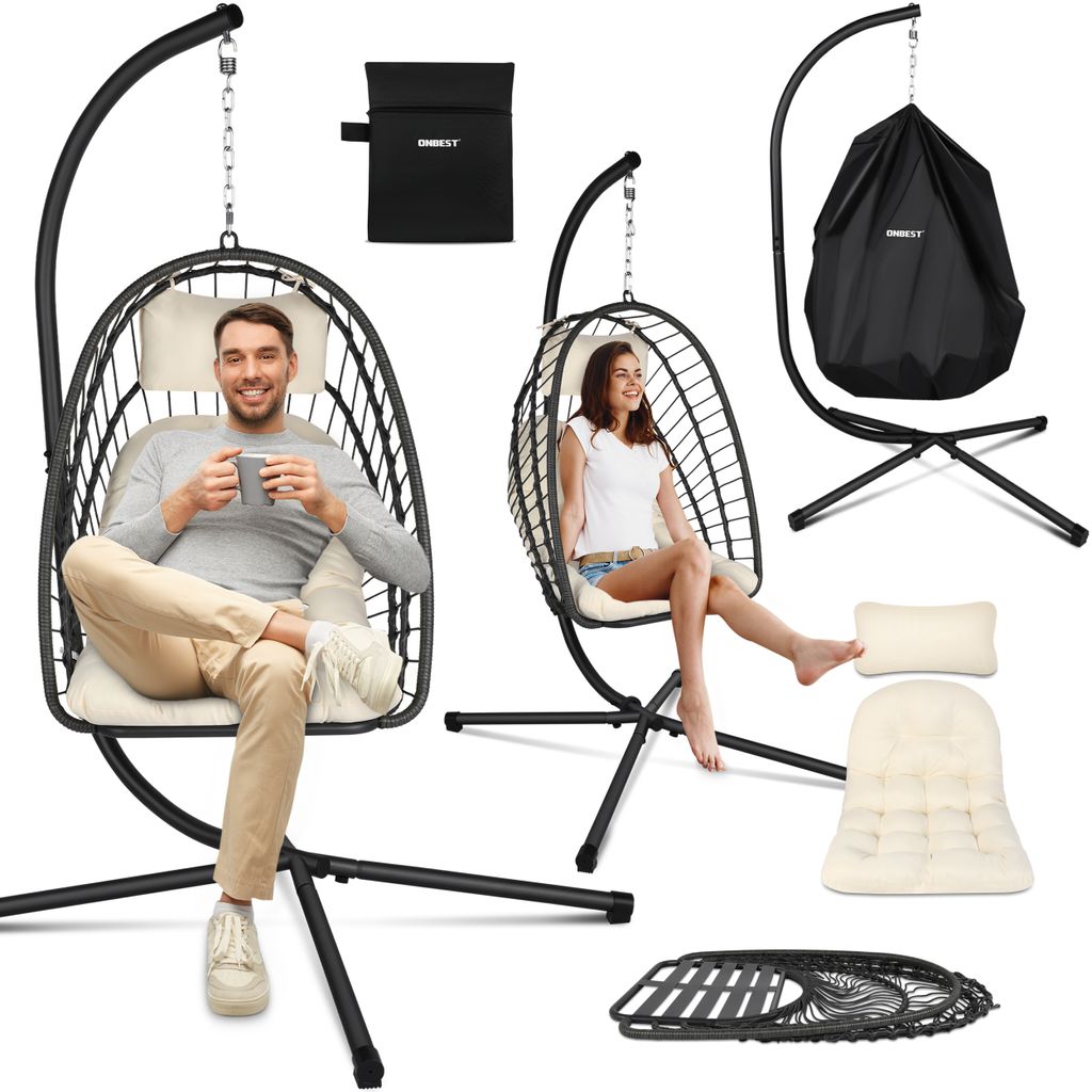ONBEST Hängesessel | mit Gestell | Schutzhülle | 130 kg | Rattan | Gepolstert | 360° | Höhenverstellbar
