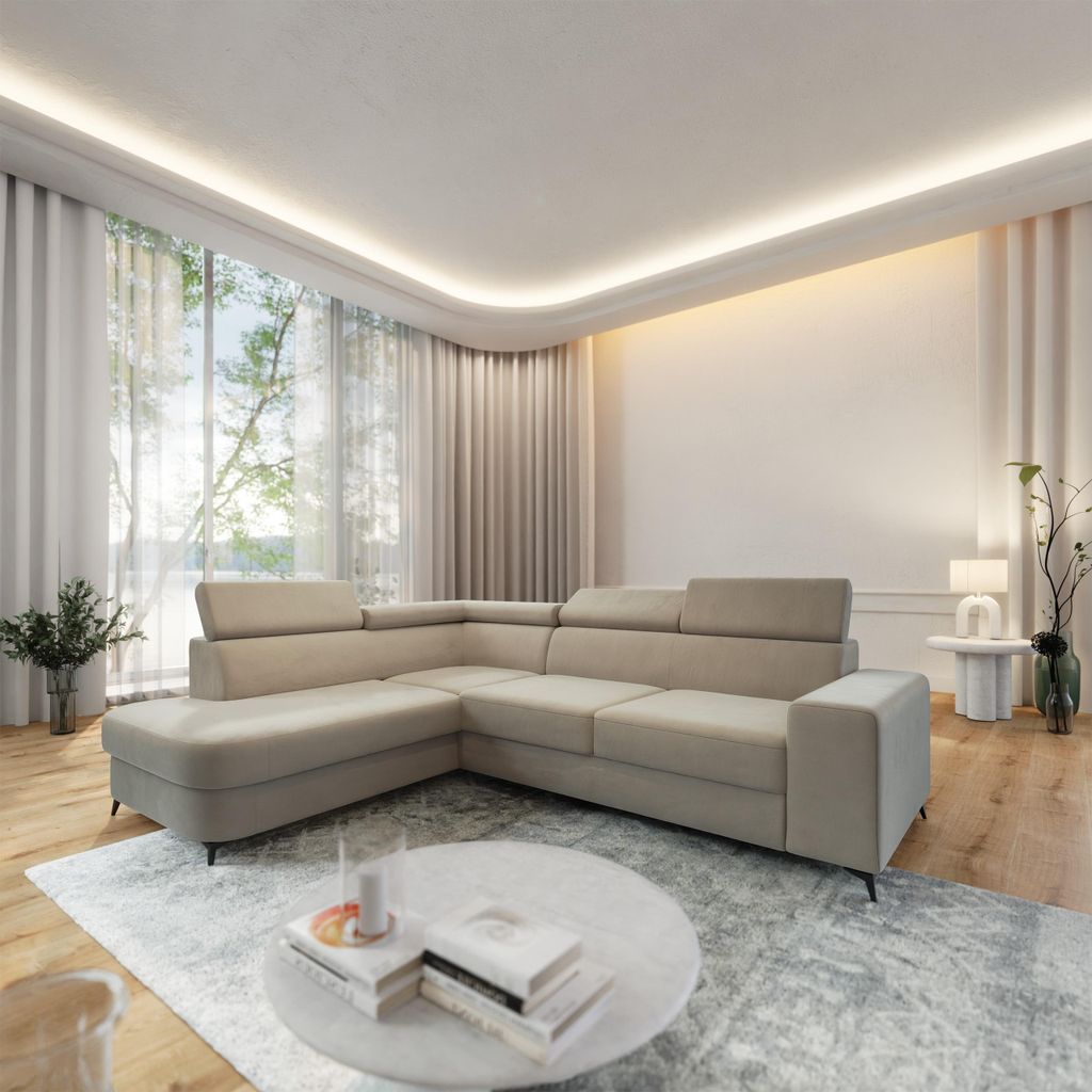 Masseno Ecksofa ALVORO L-S mit Schlaffunktion L-Form, Sofa mit Bettkasten, Wohnzimmersofa, Couch, Soffa, Bettsofa, Couchgarnitur- Beige, MATT VELVE...