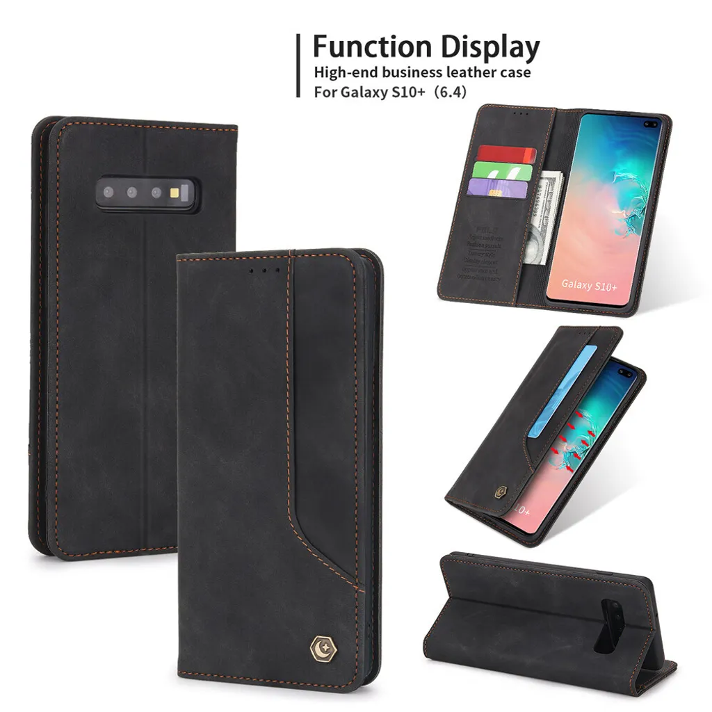 Cover Samsung S10 Plus Design Business in Pelle Sintetica Nera con Stand