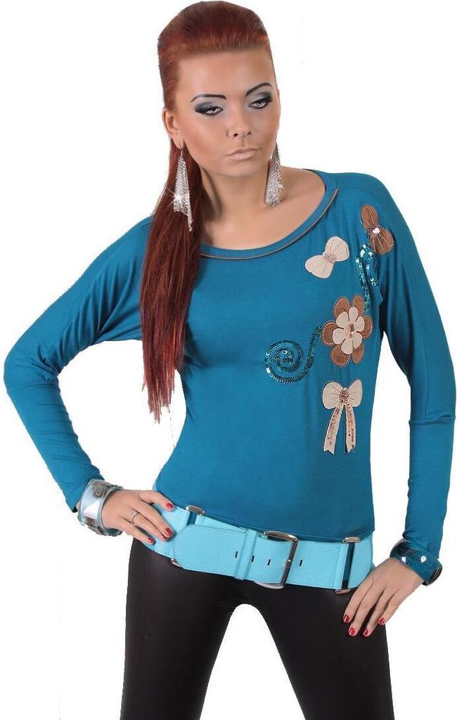 Damen Langarm Bluse Tunika Shirt Pullover mit Pailletten; Türkis/S/M