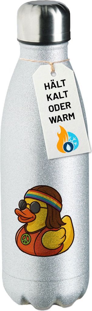 Huuraa Trinkflasche Quietscheente Hippie Gummiente Peace 500ml Silver Edelstahl Wasserflasche Trinkflasche Geschenkidee
