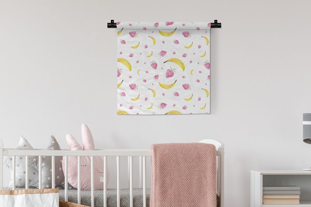 MuchoWow Wandteppich Wandbehang Banane - Erdbeere - Weiß - Design 60x60 cm Tapisserie Dekoration Wandtuch - Dekorationen - Wand Decke