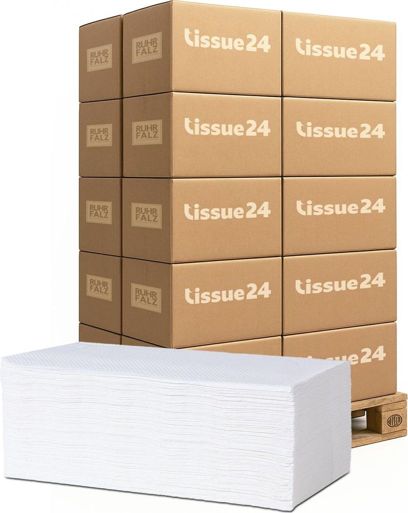 Tissue24 Falthandtücher 2-lagig 25×23 cm V-Falz – 20 VE Palette, 100% Zellstoff, Großvorrat für Gewerbe & Haushalt