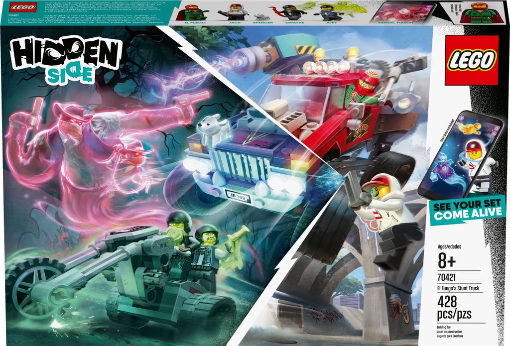 The image shows the packaging for a LEGO Hidden Side toy set, featuring a split design with a ghost hunting scene on the left and the toy vehicles and figures on the right, along with a smartphone displaying an augmented reality app.