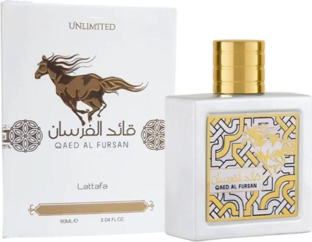 A perfume bottle and its packaging are displayed against a white background.