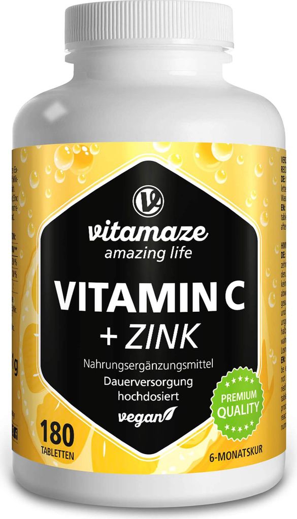 Vitamin C 1000 mg hochdosiert+Zink vegan Tabletten 180 St Produktbild 